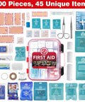 400 Piece First Aid Kit With Dual Layer Wall Mount Case for Home Car Travel Camping Hiking Truck Office Sports and Outdoor Emergencies Ready to Grab and Go, showing open case with 45 unique medical items including bandages and tools.