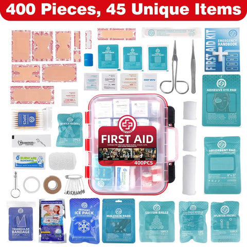 400 Piece First Aid Kit With Dual Layer Wall Mount Case for Home Car Travel Camping Hiking Truck Office Sports and Outdoor Emergencies Ready to Grab and Go, showing open case with 45 unique medical items including bandages and tools.