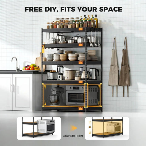 Beefy 4000 Lbs Five Tier Metal Garage Shelving Unit With 72 Inch High, 48 Inch Wide, 24 Inch Deep, Matte Black Powder Coat Finish, Heavy Duty Steel Storage Rack Built To Last In Tough Garage. Kitchen storage rack with adjustable shelves holding cookware and appliances