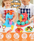 Children playing with 3 In 1 Color Dough Kitchen Creations Set With Ice Cream Maker Spaghetti And Burger Tools, includes 12 color dough