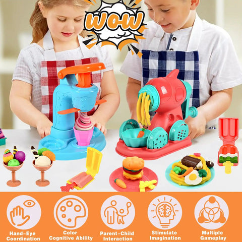 Children playing with 3 In 1 Color Dough Kitchen Creations Set With Ice Cream Maker Spaghetti And Burger Tools, includes 12 color dough