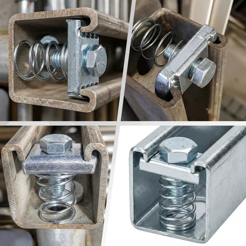 50 Piece 3/8-16 Spring Nut And Bolt Kit For Strut Channel Systems electrogalvanized installed in strut channels