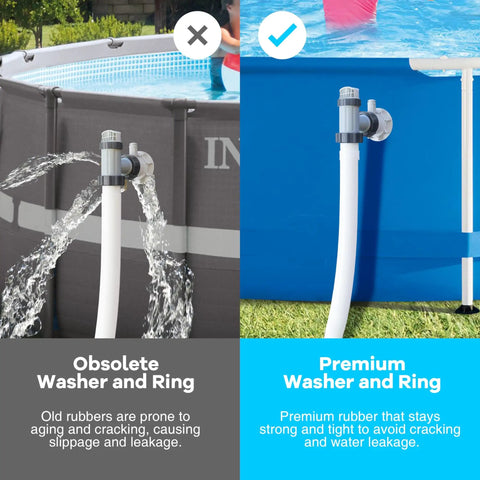 Comparison of two pool fittings with water leakage on the left and sealed pool plunger valve with washer and ring kit on the right.
