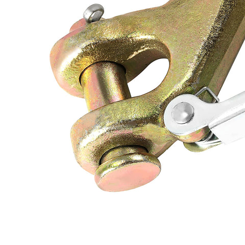 Close-up of 2 Pack Beefy Half Inch Clevis Slip Hooks With Safety Latch Heavy Duty Grade 70 Forged Steel For Trailer Haulers And Wrecker Trucks