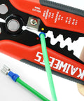 Self Adjusting Wire Stripper 3 In 1 Heavy Duty Automatic Wire Stripping Tool for 10 24 AWG Cables in use with green wire