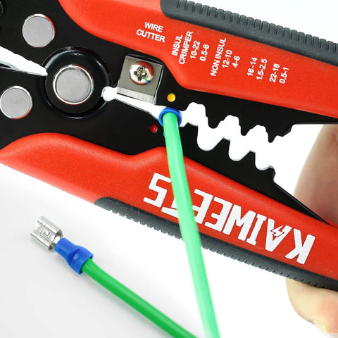 Self Adjusting Wire Stripper 3 In 1 Heavy Duty Automatic Wire Stripping Tool for 10 24 AWG Cables in use with green wire
