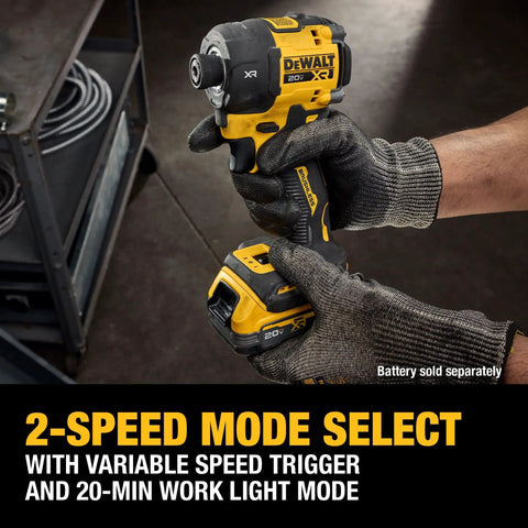 Worker holding Quiet 20V Max Quarter Inch Hydraulic Cordless Impact Driver With Brushless Motor LED Halo Ring XR Extreme Runtime Tool Only