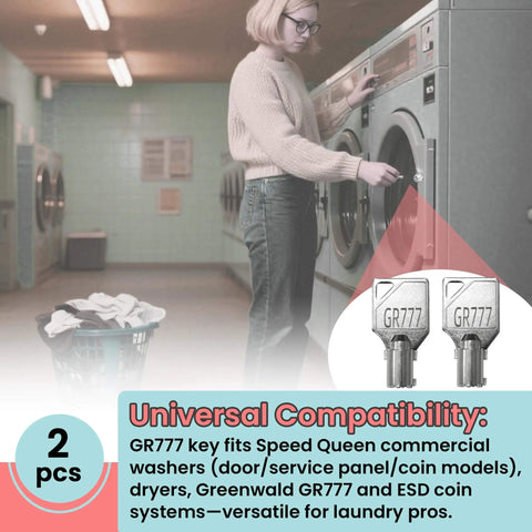 Person using commercial washer with GR777 Tubular Key Set for Commercial Washers and Coin Op Machines visible, 2-pack shown