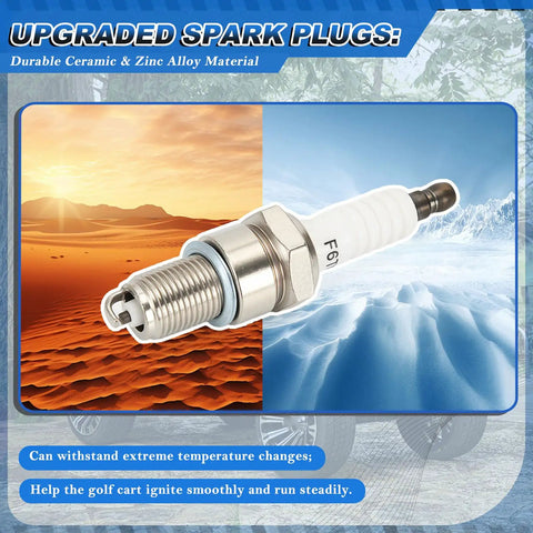 Complete EZGO Golf Cart Tune Up Kit For ST350 Workhorse 1996 Up, spark plug F6TC over desert and ice background