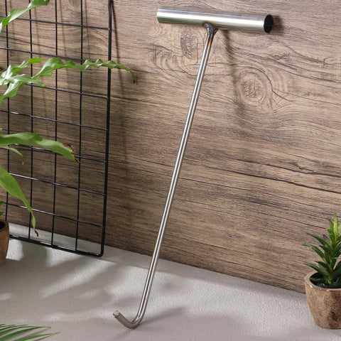 15.15 Inch Stainless Steel Manhole Cover Hook With T Handle Beefy Heavy Duty Lift Hook Tool against wooden background