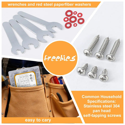 Assorted wrenches, red washers, and self-tapping screws from 780 Piece Hex Bolts And Nuts Kit in 304 Stainless Steel with M3 M4 M5 M6.