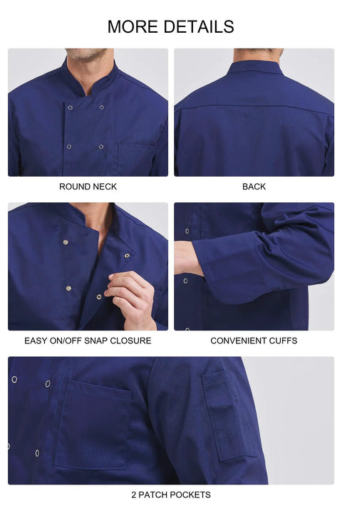 Mens Long Sleeve Chef Coat Breathable Kitchen Cooking Uniform With Smart Pockets And Easy Collar Built Damn Tough For The Line To Whip Up Meals In Style Durable Workwear No Fuss Culinary Gear That Slays All Day Long with round neck and easy snap closure.