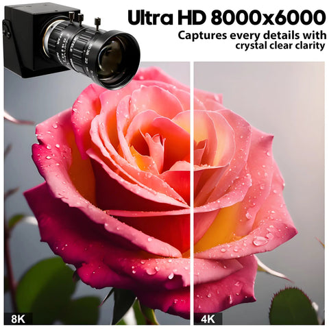 Ultra HD 8000x6000 48MP USB Camera With 5-50mm Zoom Lens captures a detailed image of a rose, showing crisp color and clarity.