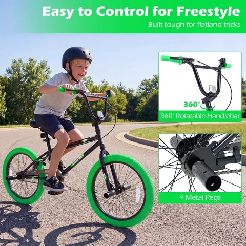 Boy riding 20 Inch Freestyle BMX Bike for Beginners With 360 Degree Handlebar, 4 Pegs, U Brake, stunt ready green bike.