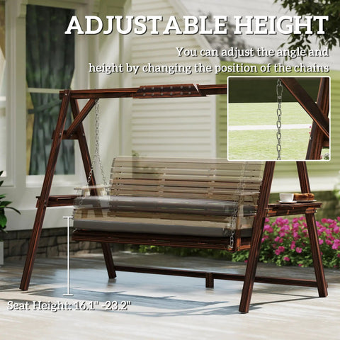 Three Seat Porch Swing With Stand Outdoor Patio Bench For Garden And Poolside Use With Comfy Cushioned Seat Side Trays And Durable Metal Chains Carbonized Brown showing adjustable height feature