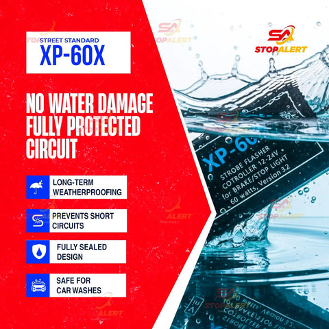 XP-60X brake flasher with weatherproof design for stop and tail lights, highlighting no water damage and fully protected circuit features.