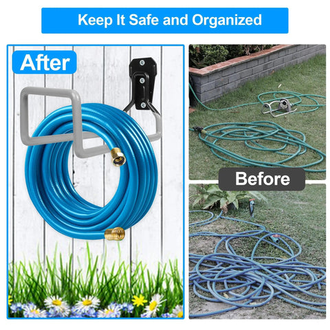 Heavy Duty Metal Garden Hose Holder Wall Mount for Outdoor Use, Rustproof Hose Reel Keeps Water Hoses Neat, Before and After Comparison