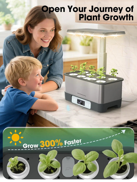 Mother and child using 8 Pod Smart Indoor Hydroponics Growing System Kit With WiFi App Control LED Grow Light Stainless Steel Herb Planter