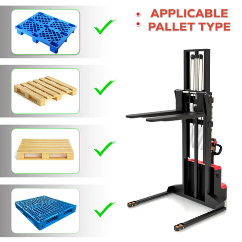 Top Rated Heavy Duty Electric Forklift Walkie Pallet Stacker With Fixed Straddle Legs and Adjustable 5.5 To 27 Inch forks next to various pallet types.