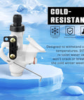 Freeze Resistant RV Toilet Water Valve Kit For RV Toilets Like Aqua Magic V Built Tough With High Impact PP Construction Cold Weather Ready Replacement Part Compatible With 31653 31688 31705 Series Durable Quick Install Valve on ice backdrop