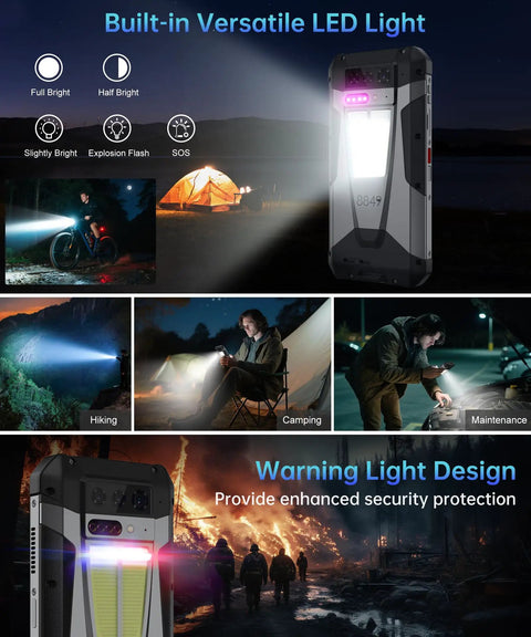 Kickback 5G Rugged Projector Phone 6.78-Inch AMOLED Screen with built-in LED light for camping, hiking, and maintenance.