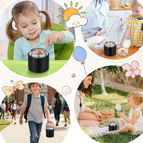 Keep It Sizzling Hot Soup Thermos With Secure Split Snack Cup Grab And Go Leak Free Insulated Lunch Jar For Kids And Adults Stainless Steel Double Wall Vacuum Food Container With Spoon Black used by children and adults.