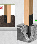 Heavy Duty U Shaped Fence Post Anchor Ground Spike 4 x 4 In Concrete Base correctly installed with wood post in concrete.