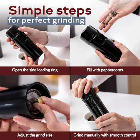 Steps to use Unicorn Pepper Mill By Tre Spade Premium Kickin Manual Pepper Grinder With Steel Burrs Side Loading Refill 6 Inch.