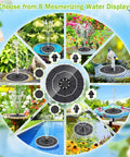 Solar Bird Bath Fountain With LED Ring Lights image showing 8 water display options and circular solar pump in garden and pool settings.