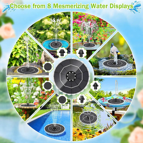 Solar Bird Bath Fountain With LED Ring Lights image showing 8 water display options and circular solar pump in garden and pool settings.