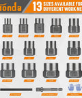 16 Piece Bolt Extractor Kit For Stripped Rusted And Broken Nuts And Screws With Three Eighths Inch Drive Impact Adapter And Knock Out Pin Gloves Heavy Duty Socket Set For Rounded Hardware showing 13 sizes, 3/8" hex adapter, and knock pin.