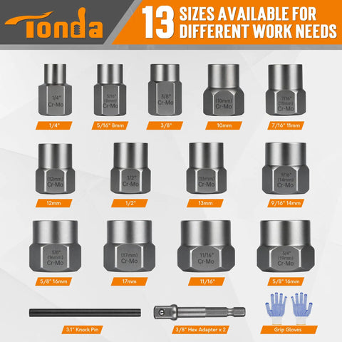 16 Piece Bolt Extractor Kit For Stripped Rusted And Broken Nuts And Screws With Three Eighths Inch Drive Impact Adapter And Knock Out Pin Gloves Heavy Duty Socket Set For Rounded Hardware showing 13 sizes, 3/8" hex adapter, and knock pin.