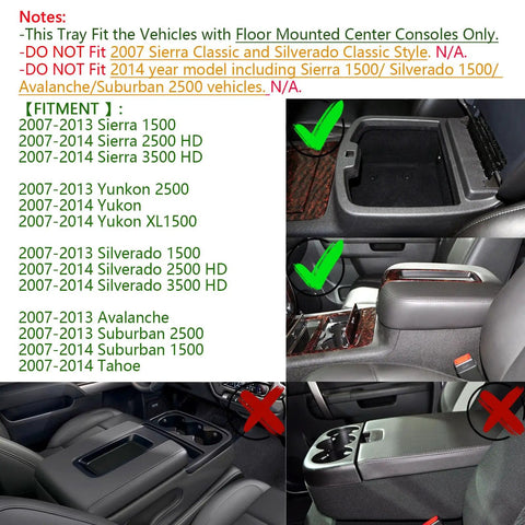 Center Front Floor Console For 2007 To 2014 Chevy Silverado Tahoe Suburban Avalanche Sierra Yukon 1500 2500 3500 Denali XL Full Size Pickup Trucks Replacement Part For Easy Install with two-level storage compartments