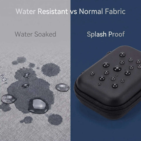 Comparison of water resistance: Black Hardshell Tech Travel Case For Cables And Chargers With Mesh Pocket And Elastic Straps.