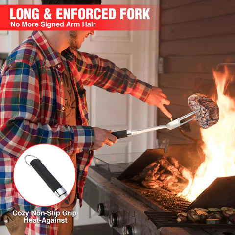 Heavy Duty BBQ Tool Set With Premium Stainless Steel Spatula Fork Brush And Tongs For Grilling Lovers Outdoors A Top Notch Gift Idea For Men And Women Who Live For The Grill, man grilling with long fork