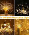 Lit 8 Pack LED Copper Wire Firework String Lights With Remote, showcasing different decor styles including bouquet and chandelier