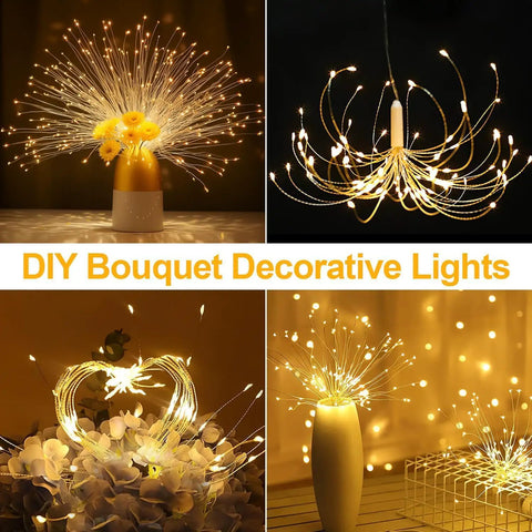 Lit 8 Pack LED Copper Wire Firework String Lights With Remote, showcasing different decor styles including bouquet and chandelier