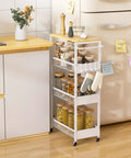 Slim Rolling Utility Cart Four Tier Metal Narrow Storage Cart With Wood Top And Handle in kitchen between fridge and counter