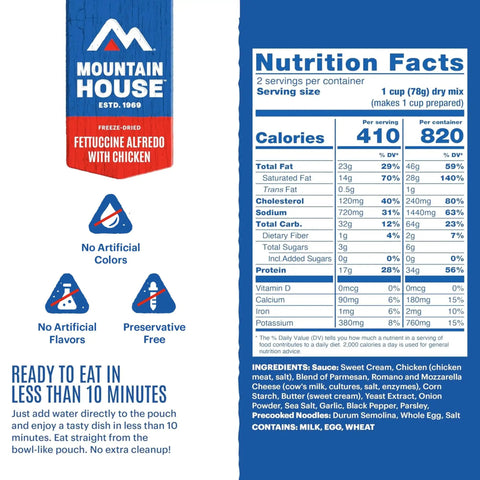 Nutrition facts and ingredients for Fettuccine Alfredo With Chicken Freeze Dried Camping Meal For Outdoors Creamy Comfort Food