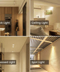 Various lighting types: track, ceiling, recessed, and spot light using dimmable MR16 LED bulbs with GU5.3 bi-pin base.