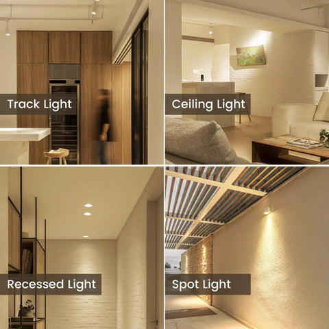 Various lighting types: track, ceiling, recessed, and spot light using dimmable MR16 LED bulbs with GU5.3 bi-pin base.