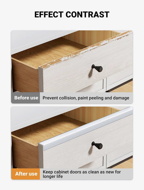 Before and after images of Clear Cabinet Door Edge Protectors 17.5 Inch PVC Furniture Guards showing protection on drawer edges.
