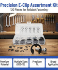External Retaining Ring Kit M1.5 Through M10 Black 120 Piece Assortment With E Clips And C Clips displayed on a workshop table