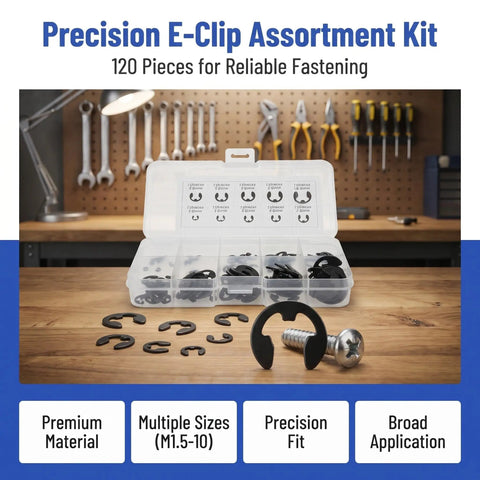 Open Design E Clip Snap Ring Kit 120 Pcs Set For Shops And Repairs, Black M1.5 To 10 Sizes, Pro Grade Beryllium Bronze Fasteners For Quick Install And Easy Transport, open case on workbench