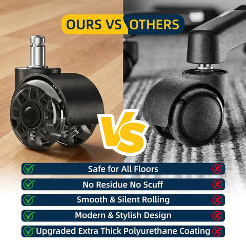 2 Inch Replacement Office Chair Caster Wheels With M10x22mm Threaded Stem 5 Pack comparison showing smooth rolling design and safety on floors.
