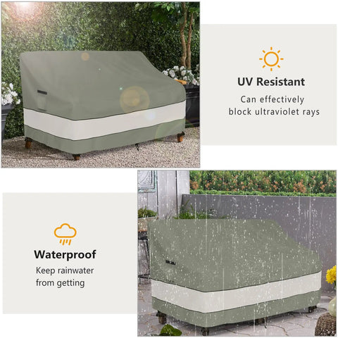 Outdoor Sofa Cover For Patio Furniture 79W 38D 35H Waterproof Heavy Duty Grey Green Built To Last All Weather Protection Fits Sofa Loveseat And 3 Seater Benches Great For Deck Patio Coverage shown from front and side angles in outdoor settings
