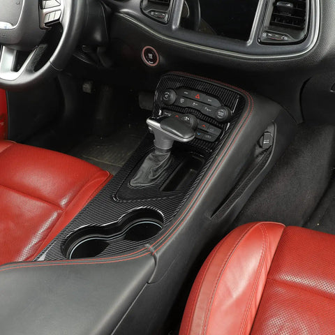 Slick ABS Carbon Fiber Gear Shift Lever Panel Trim Fits 2015-2025 Dodge Challenger Console Shifter Cover in red leather interior.