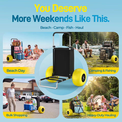 Heavy Duty Beach Wagon With 13 Inch Solid TPU Wheels, 352 Lb Capacity, Foldable Aluminum Wagon Dolly for sand and camping.
