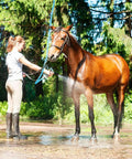 Garden hose, blue rubber 5/8 inch, used to wash a horse outdoors.