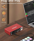 Plug-and-Play Beginner USB Audio Interface With 24Bit 192kHz Studio Grade Sound 48V Phantom Power in use with laptop and mixer